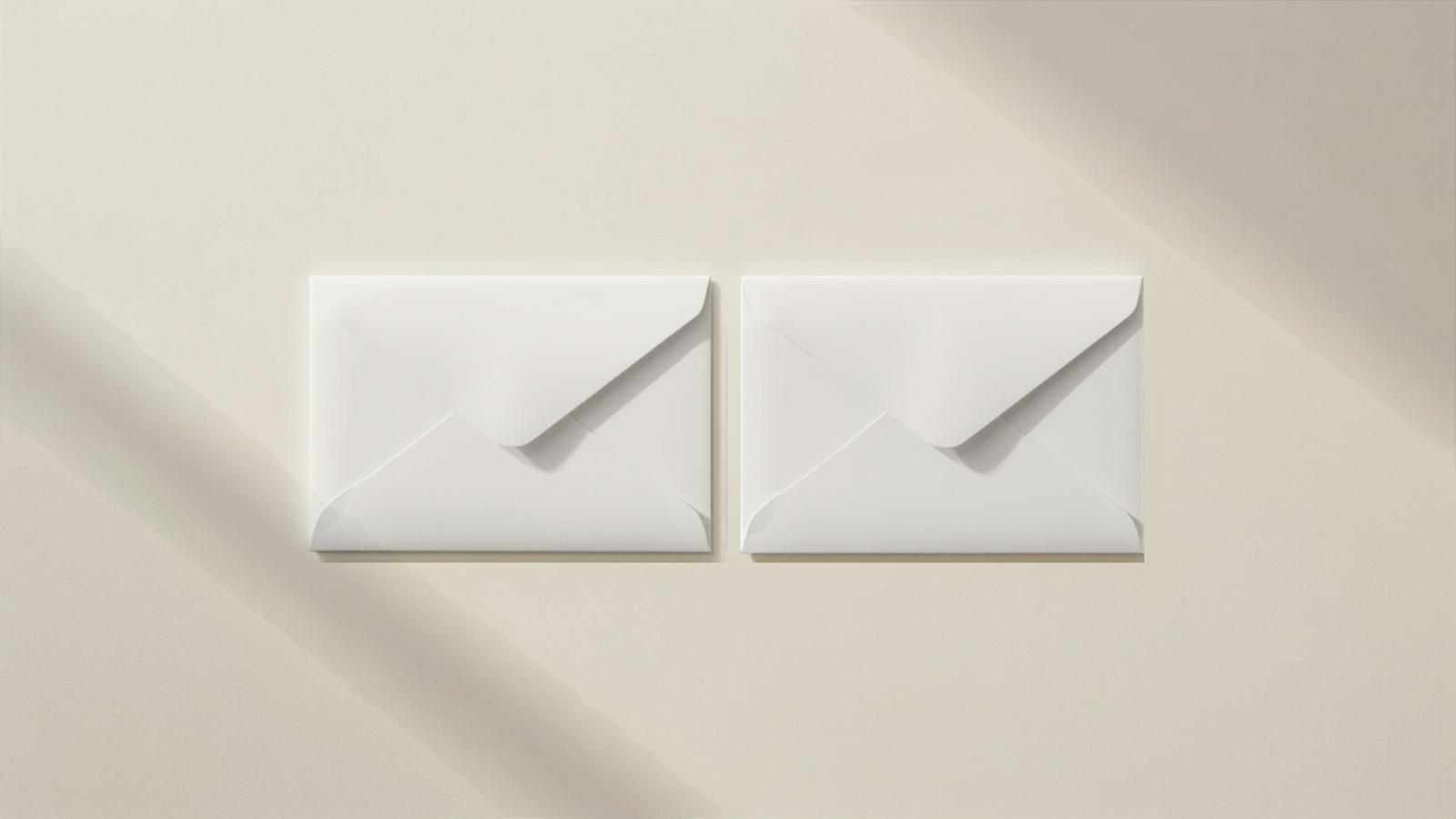 Two plain sealed envelopes side by side on a pale surface in daylight