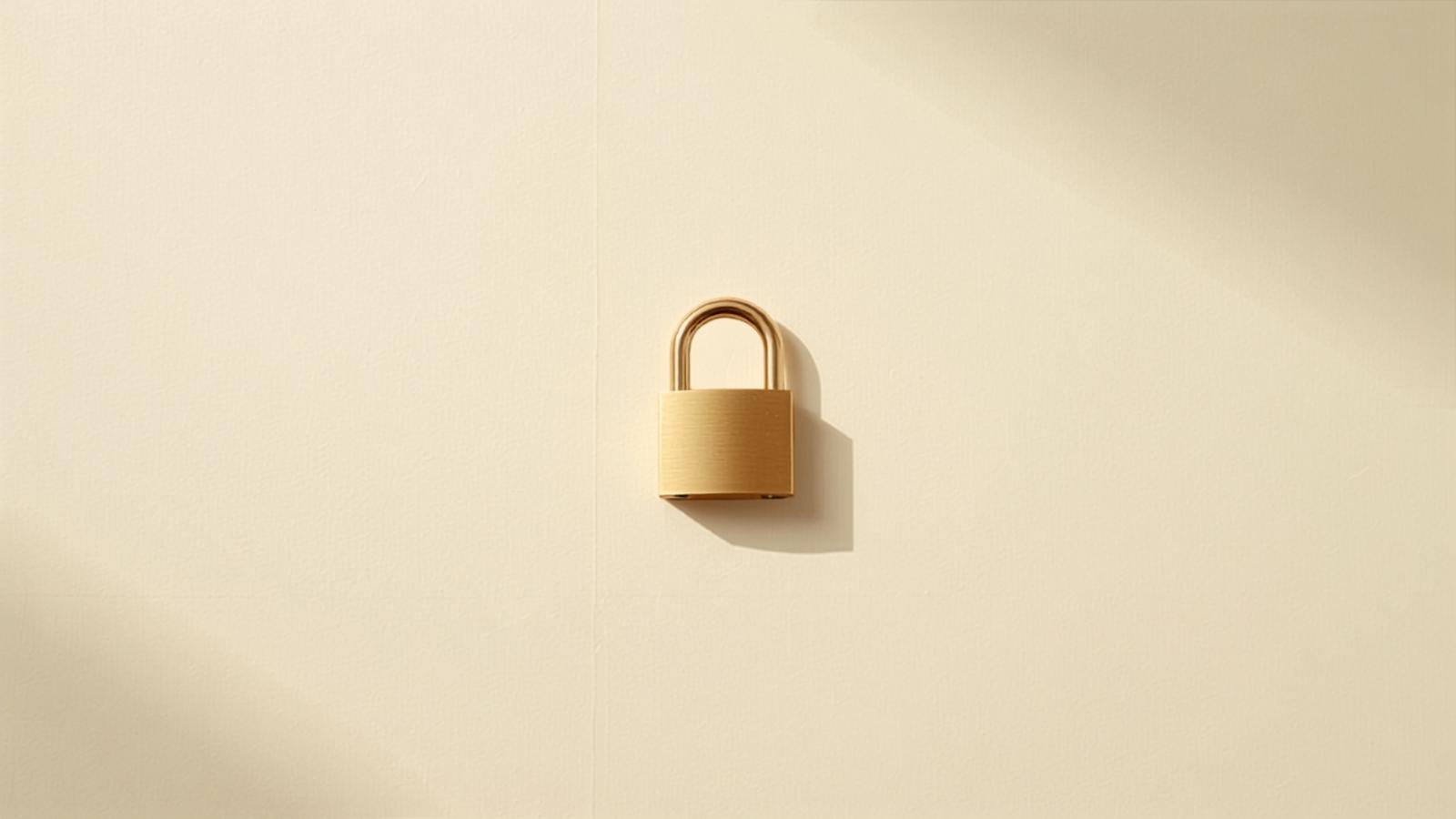 A closed brass padlock on a cream surface in soft daylight