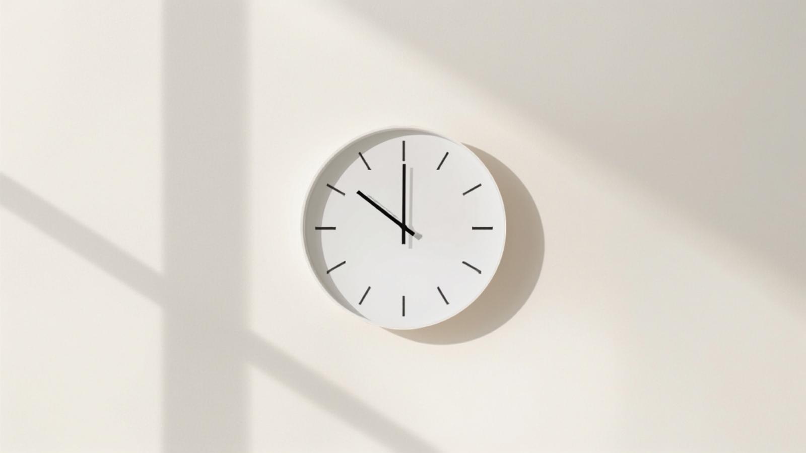 A round wall clock without numerals on a cream wall in soft daylight
