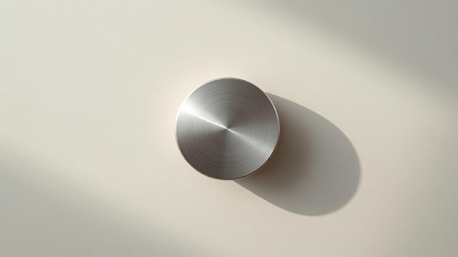 A plain brushed steel dial on a pale cream surface in soft daylight