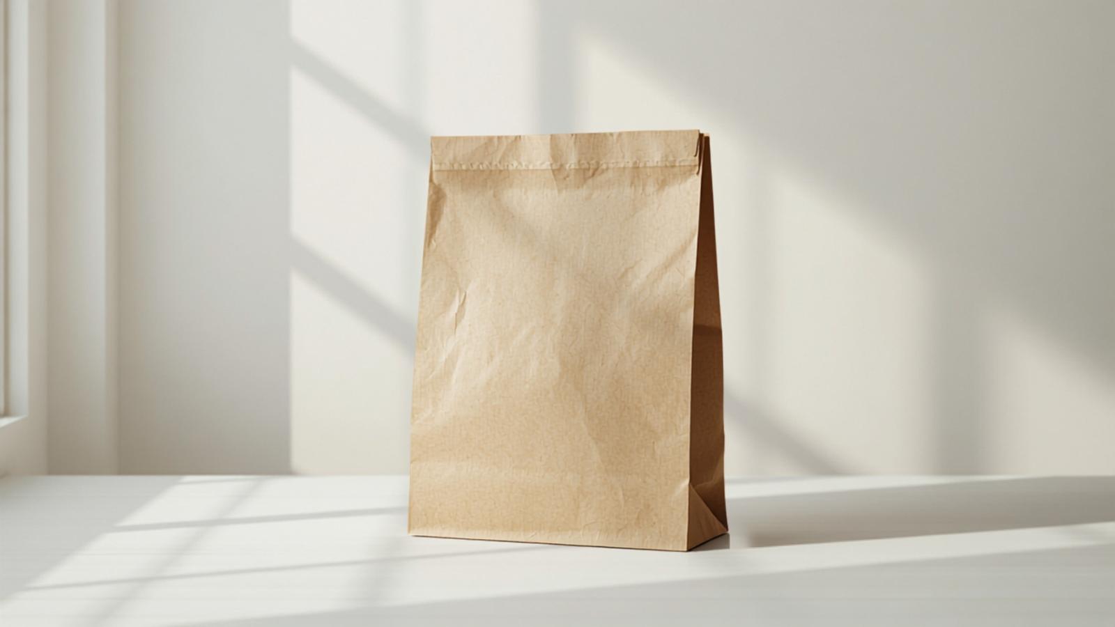A plain brown paper shopping bag on a white counter in soft window light