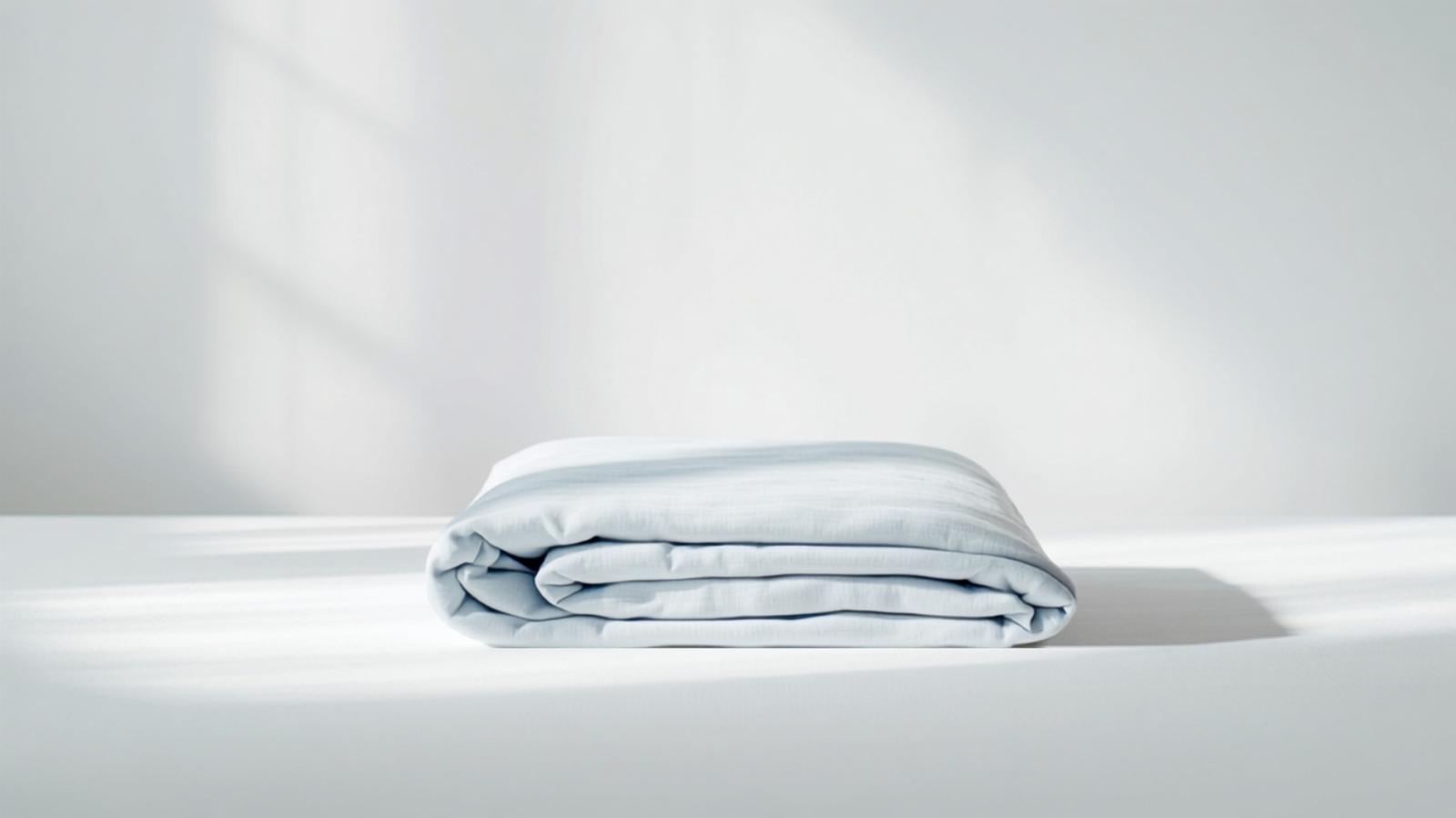 A folded pale blue blanket on a white surface in soft window light