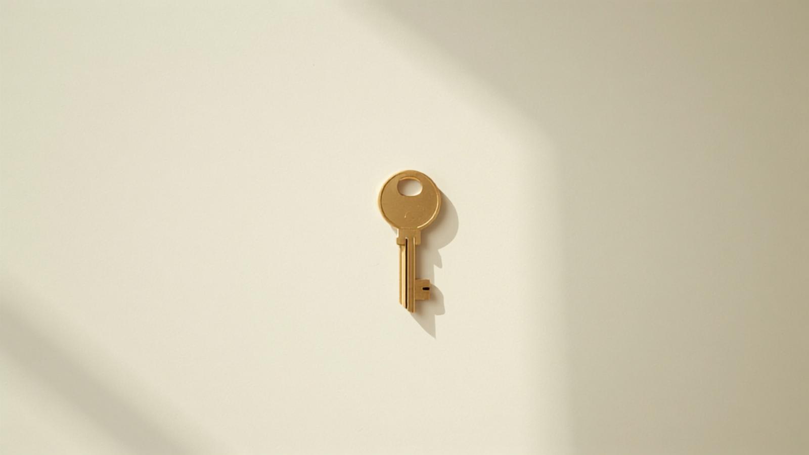 A single brass key on a plain pale surface in soft daylight